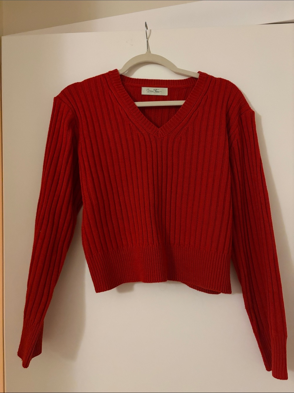 Red Ribbed V-Neck Sweater